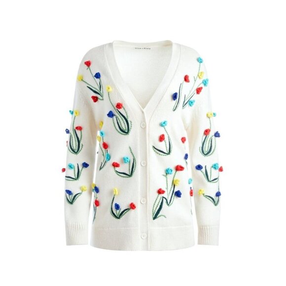 Alice + Olivia Sweaters - Alice + Olivia Bradford Crochet White Flowers Grandpa Cardigan Large